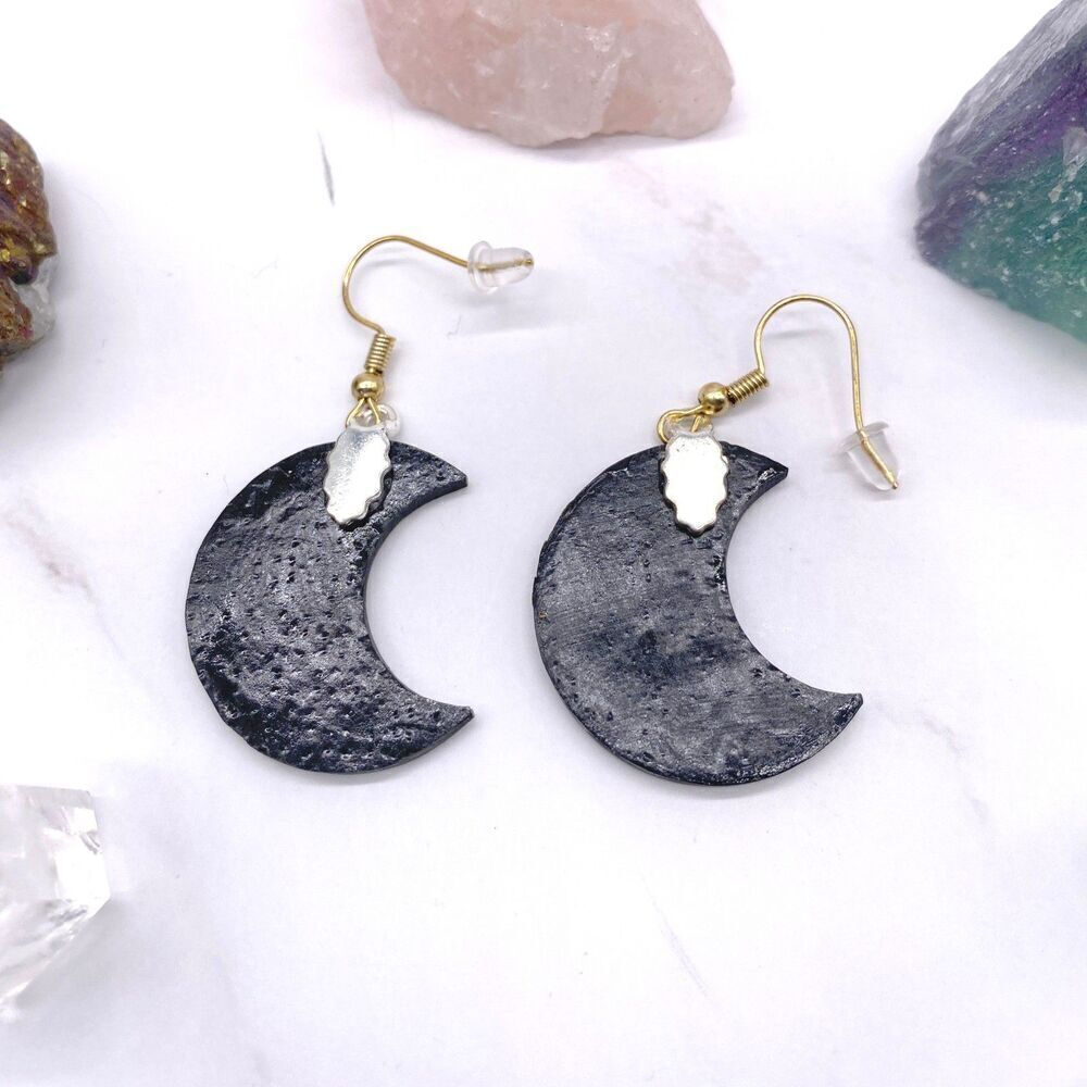 Black and Gold Drippy Moon Wire Hook Dangle Earrings - Picture 7 of 10